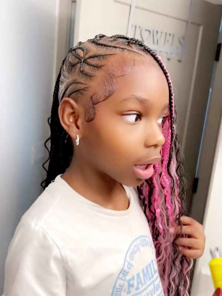 Creative kids’ braids with pink accents