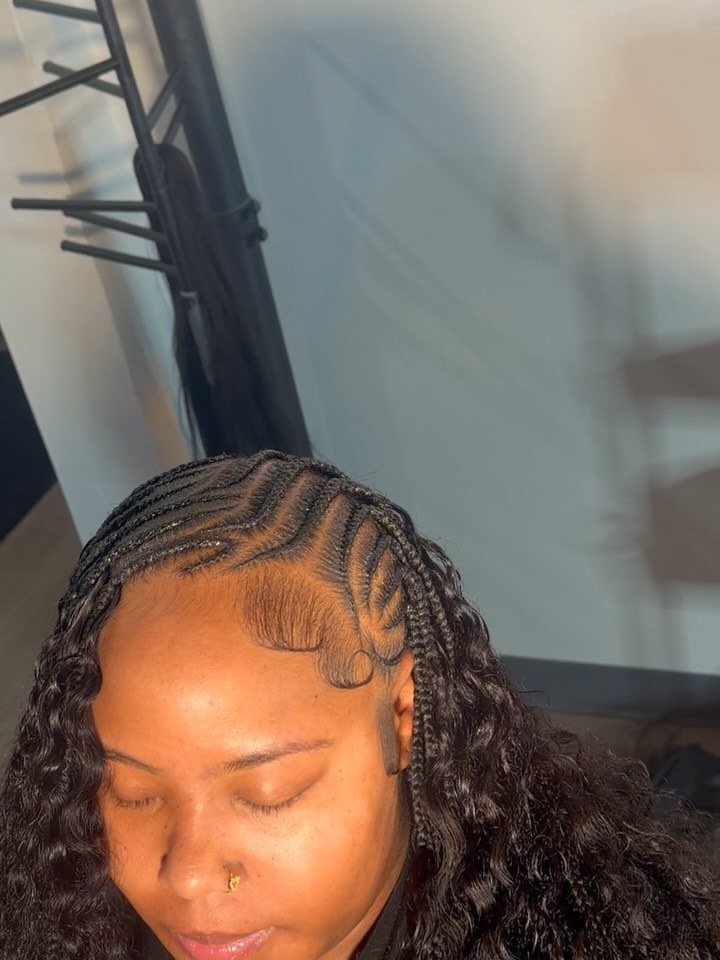 Boho tribal braids with precise patterned parting